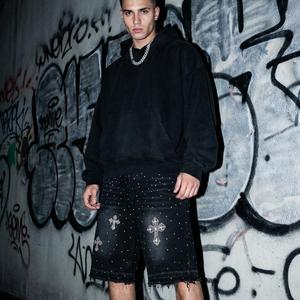 Sopula Studio Men's Hiphop Denim Jorts with Cross Hot Diamonds, Menswear Streetwear Clothing Bottoms Shorts