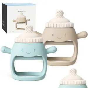 Baby Teething Toys for 3+ Months Silicone Mitten with Wrist Strap BPA Free Food Grade Soothing Teether for Sucking & Gum Relief Blue 2 Pack