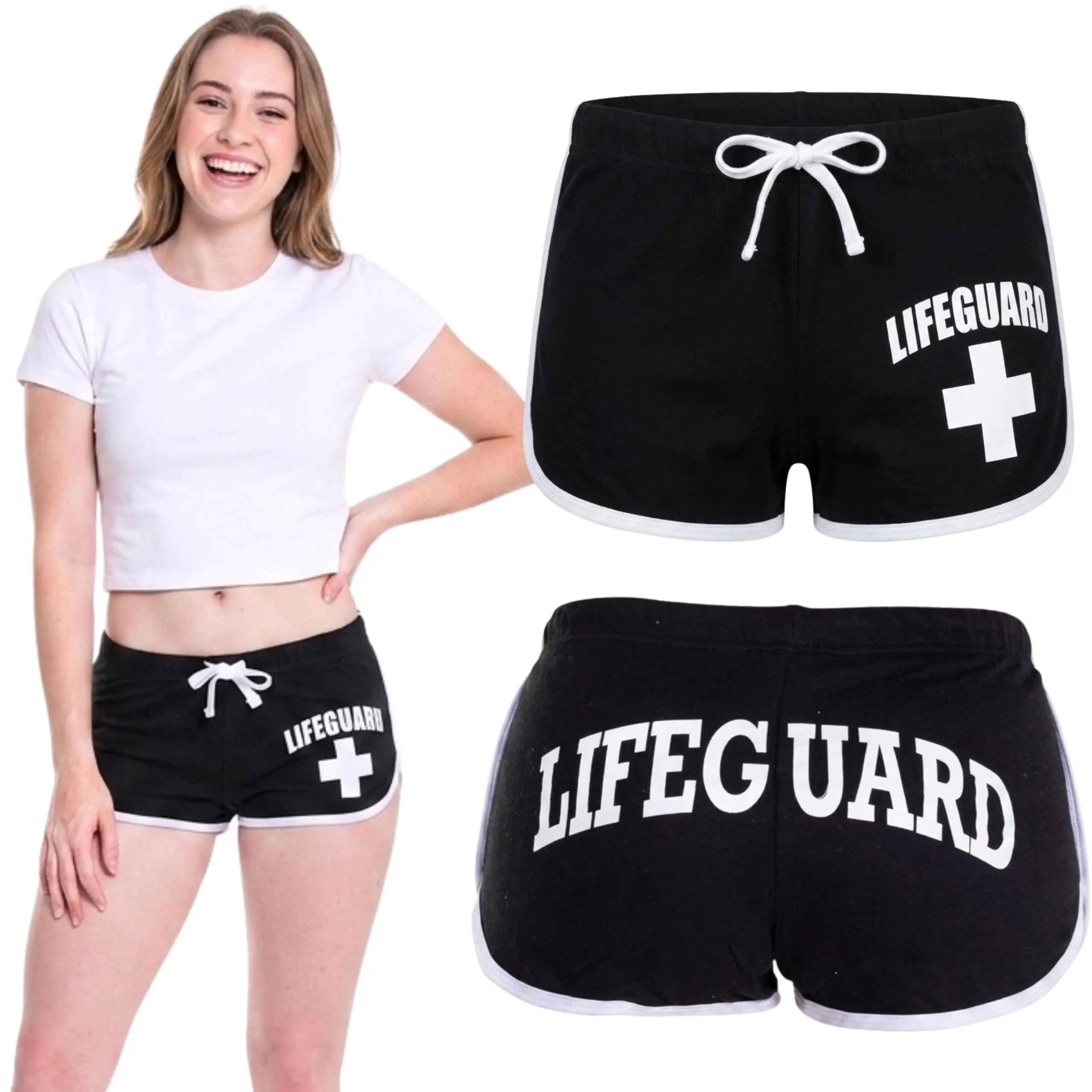 LIFEGUARD Officially Licensed Juniors Girls Size Hi-Cut Short White Piping Soft Cotton Gym Exercise