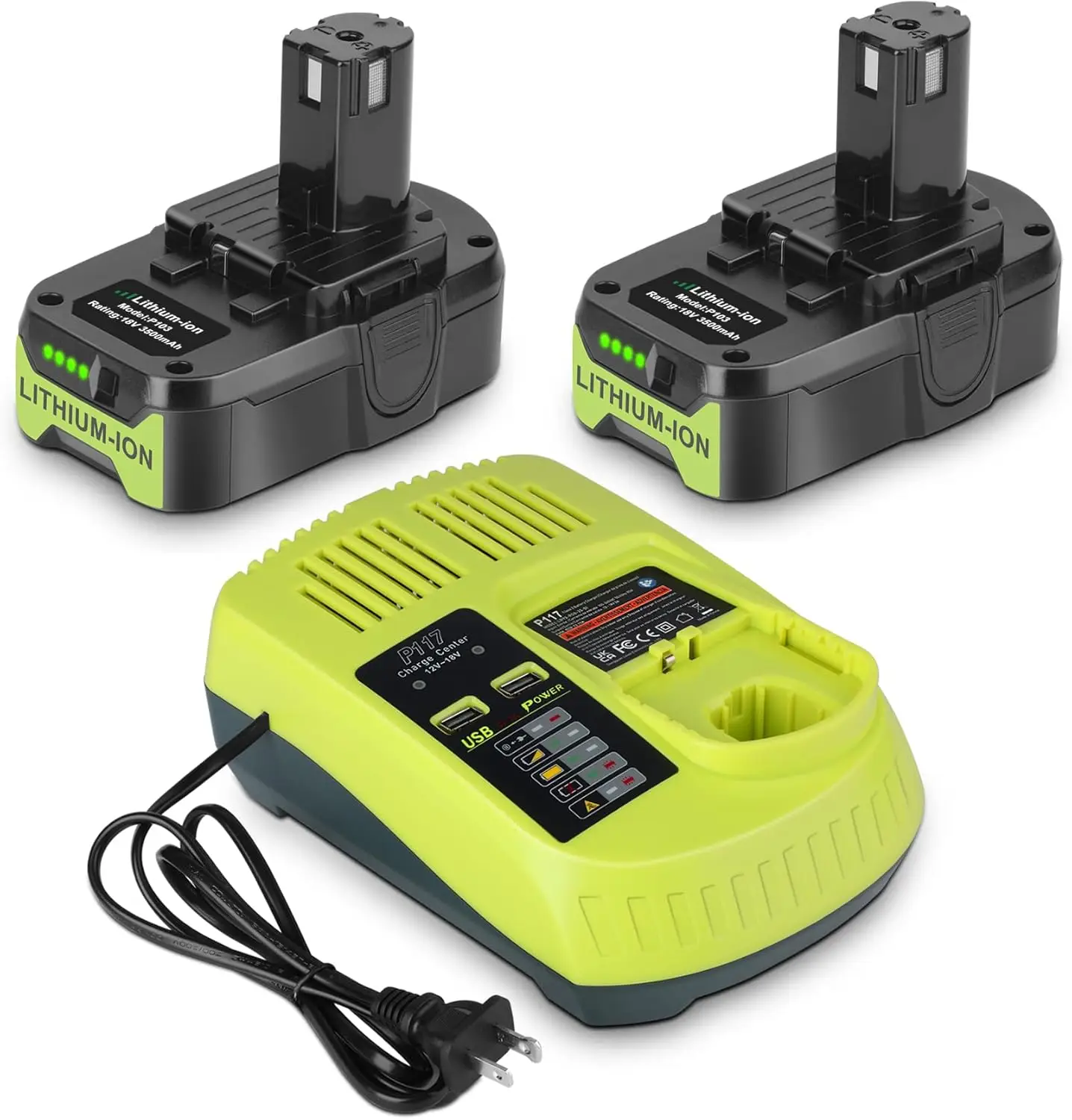 JYJZPB2Pack 3.5Ah P102 Battery for Ryobi 18V Battery and P117 Charger Combo Compatible for Ryobi 18 Volt ONE+ Battery P103 P104 P105 P107 P109 P190 P1