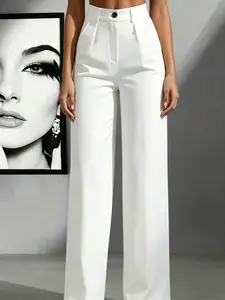 Plus size women's Basic solid color high-waisted buttoned fashion casual versatile dress pants, suitable for summer, daily commuting, and casual wear Womenswear