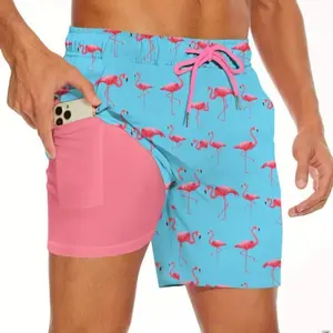 Men’s Double Layer Quick Dry Swim Shorts, Flamingo Print Beach Trunks, Anti-Chafe Lined Board Shorts, Elastic Waist Drawstring, Loose Fit Lightweight Water Resistant Surf Shorts, Summer Pool Party Vacation Essential 2026