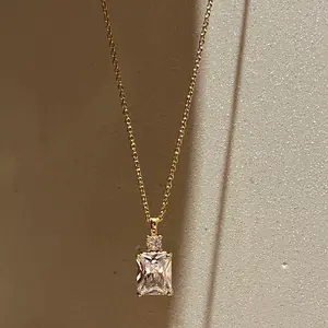 Elegant Emerald Cut Zirconia Pendant Necklace for Women, Sparkly Rectangular Solitaire Crystal Necklace, Dainty 18K Gold Plated Thin Chain, Minimalist Aesthetic Jewelry, Sophisticated Birthday Gift for Her Stainless Steel Chain october birthstone