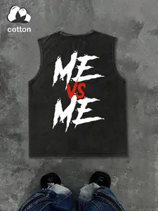 Men's vintage distressed "ME VS ME" printed crew neck vest, regular fit, casual and stylish crew neck sleeveless top, suitable for summer wear, men's everyday clothing.