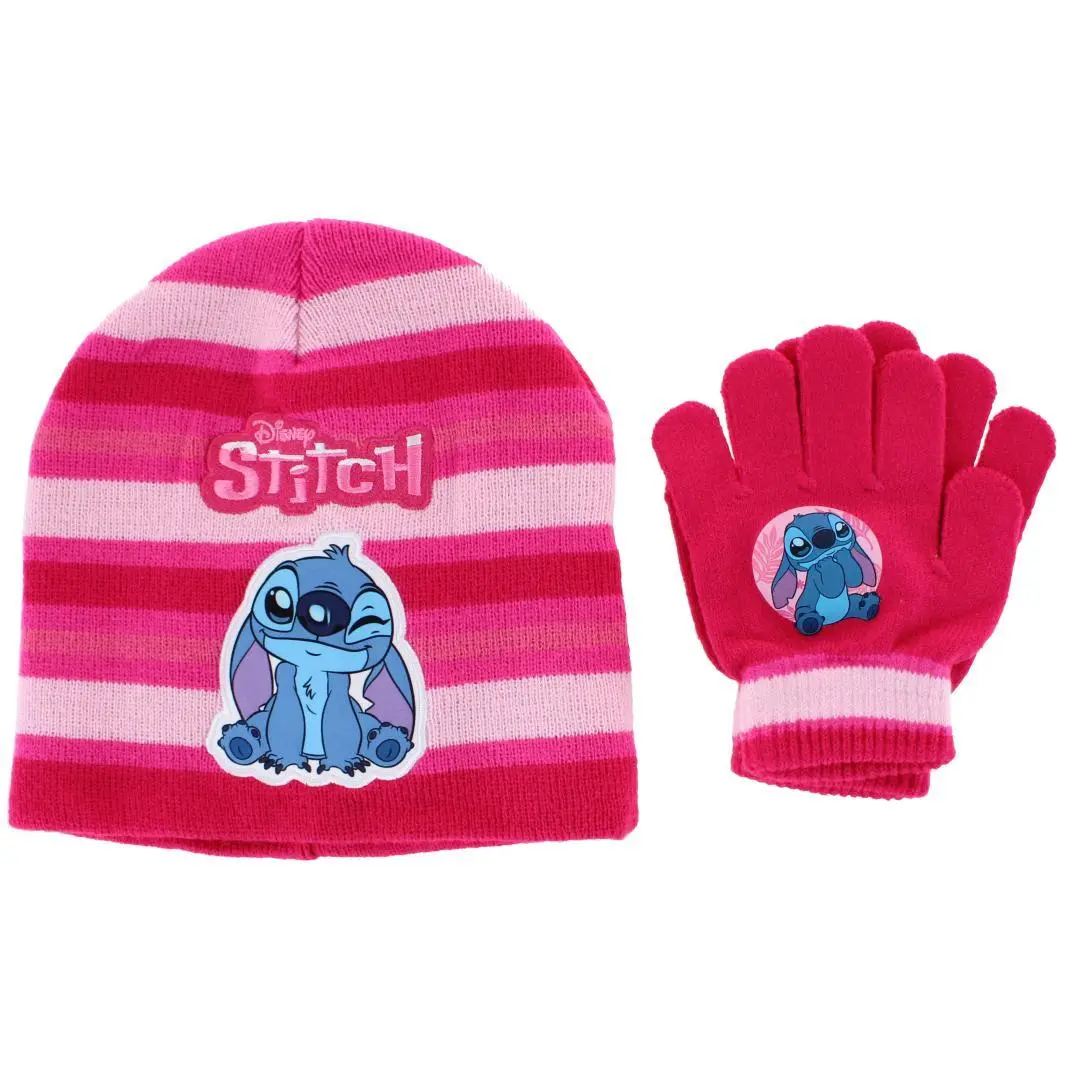 Textiel Trade Girls' Disney Stitch Theme Winter Beanie and Gloves Set, 2-Piece Kids Accessories for Cold Weather