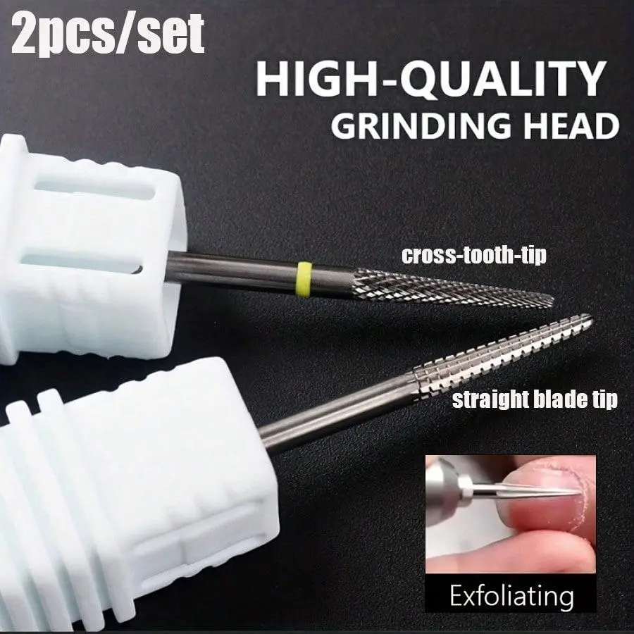 Professional Nail Drill Bits Set - 2pcs Diamond Carbide Nail Drill Bit 3/32'' For Acrylic Nails, Cuticle Drill Bits For Nail Drill, Nail Polishing Head Manicure, Nail Art Tools, Nail Supplies