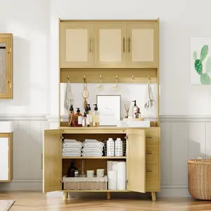 71in Tall Kitchen Pantry Cabinet, Rattan Boho Kitchen Hutch Cupboard Freestanding Storage Cabinet with Microwave Shelf 3 Drawers 6 Hooks for Living Dining Room, Natural
