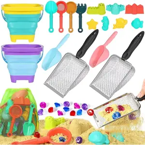 Beach Sand Toys for Kids, Sand Castle Kit with 2 Collapsible Beach Buckets, 2 Sifter Shovels, Sea Animal Molds, Diving Gems Pool Toy, Mesh Bag Travel Toys for Toddlers 3-10