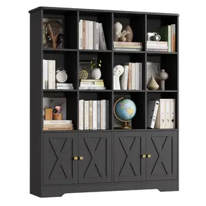 FOTOSOK 47.6" Wide Farmhouse Kids Bookshelf with Storage, Kids Book Shelf for Home Office, Double Wide Bookcase with 4 Doors