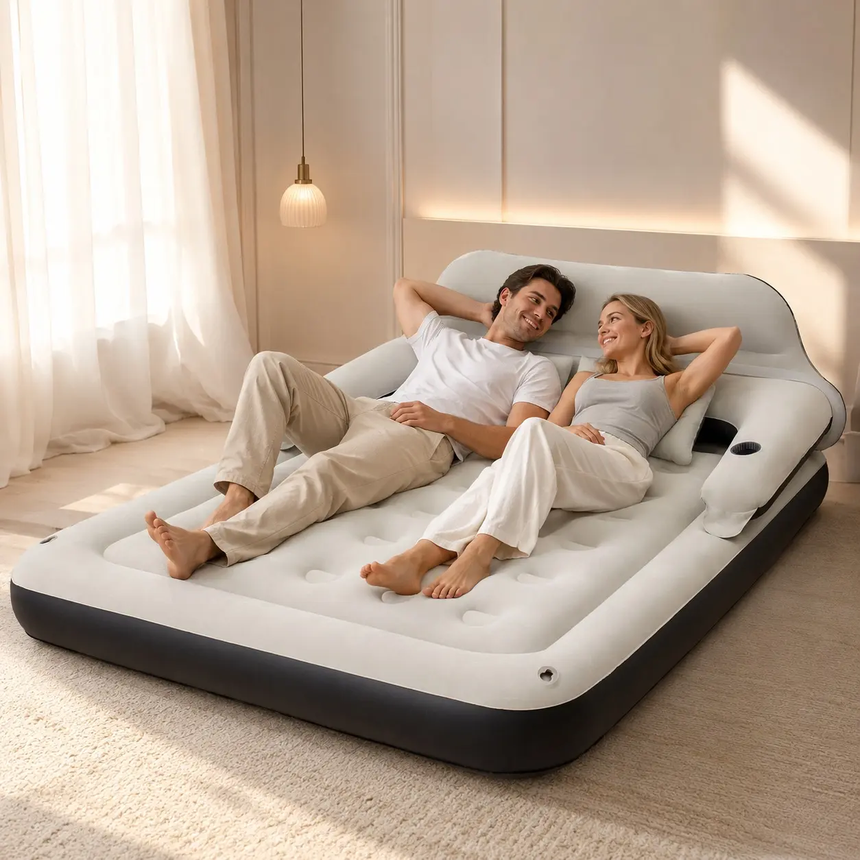 Inflatable Air Mattress with Air Pump and Backrest, Flocked Sleeping Surface, Raised Headboard & Armrests, Portable Blow Up Bed for Home, Guests, Camping & Travel