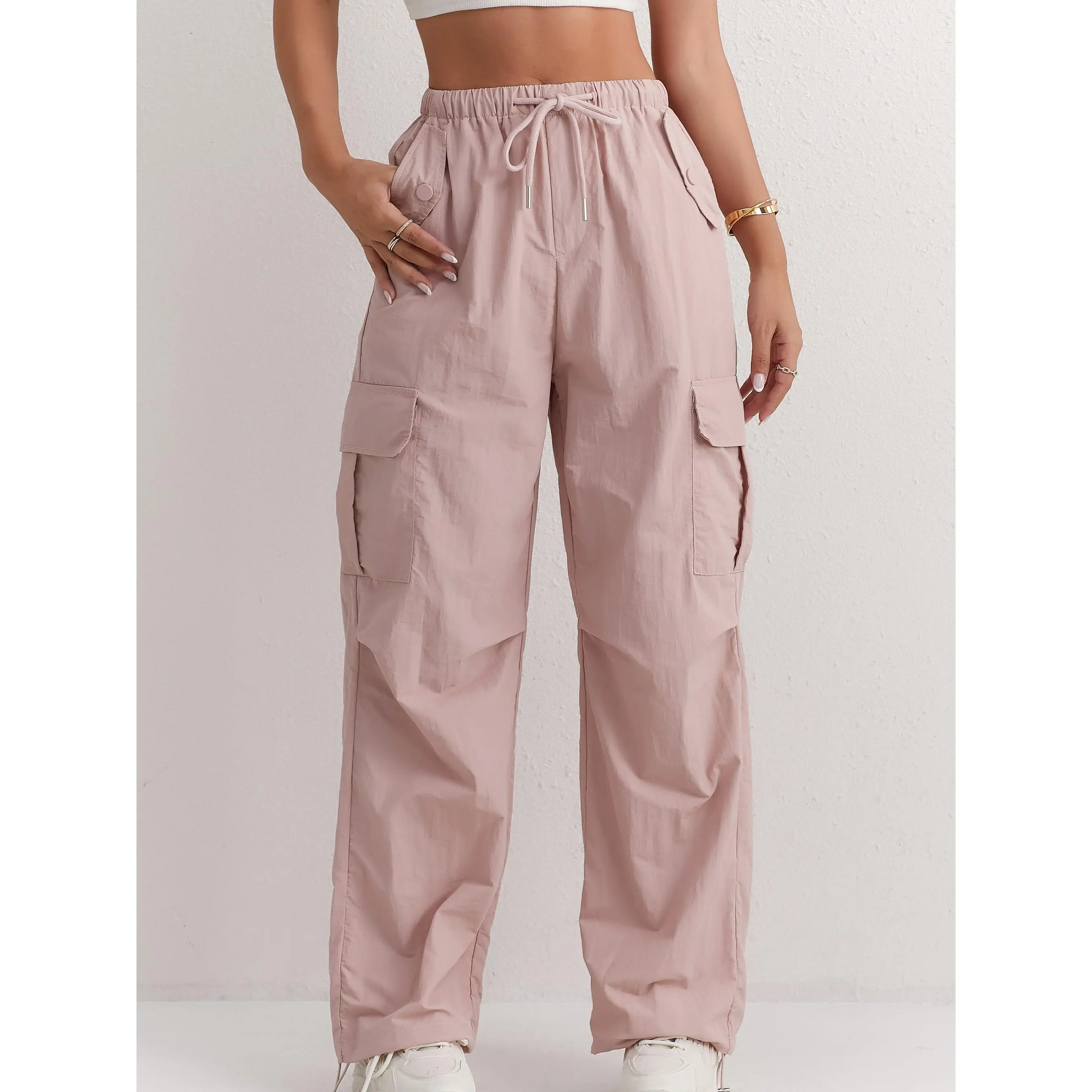 Women's Dusty Pink Parachute Cargo Pants | Quick Dry Drawstring Wide Leg