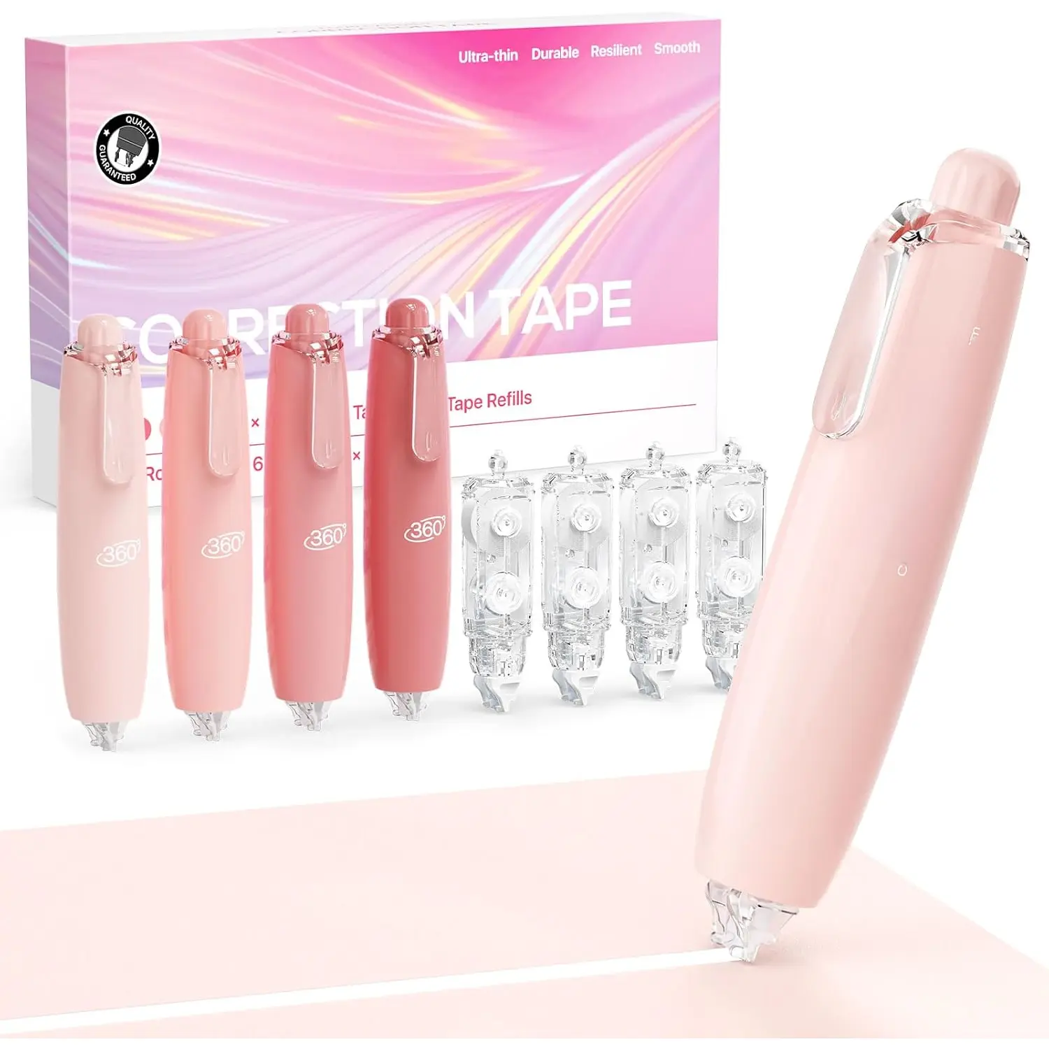 6MM Retractable Gradient Correction Tape, Easy to Use -Resistant 4 count White Out Tape with 4 Extra Refills, Pen Shaped, Smooth & Quick Dry Whiteout for School, Office Supplies (Pink)