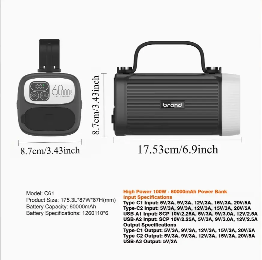 100W High-Power Portable Power Bank, 60000mAh Battery Pack with LED Digital Display, USB-C Fast Charging for Laptops, Smartphones, Ideal for Outdoor, Home Use campingessentials