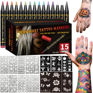 Temporary Tattoo Markers for Skin,With Stencils,Body Markers,10/15Colors Tattoo Pens,Flexible Brush Tip, Soft Brush Nib, Bright colors, Face Paint Kit Cosmetic Quality,Halloween makeup