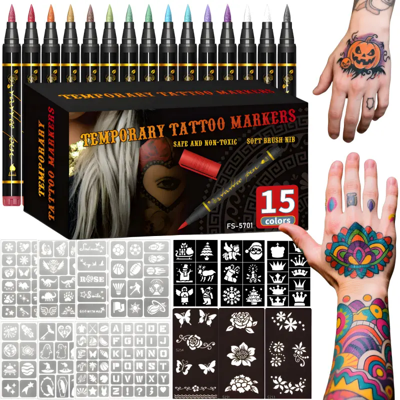Temporary Tattoo Markers for Skin,With Stencils, Face Painting Stencils,Body Markers,10/15Colors Tattoo Pens,Flexible Brush Tip, Soft Brush Nib, Bright colors, Face Paint Kit Cosmetic Quality,Halloween makeup