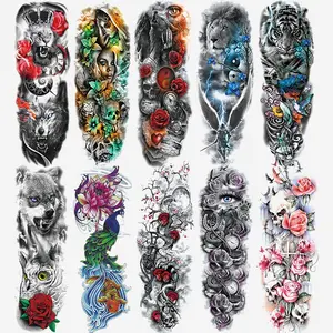 10 Pcs Waterproof Temporary Tattoo Sleeves, Moon Rose Wolf Design, Realistic Lion Tiger Peacock Fake Tattoos for Adults Arm Leg Body Art