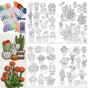 48Pcs Cactus Embroidery Hand Embroidered Self-Adhesive Kit, Water-Soluble Stabilizer Embroidery Pattern Paper, Washable Stick Stitch Flower Paper for DIY Handcraft Embroidery Supplies