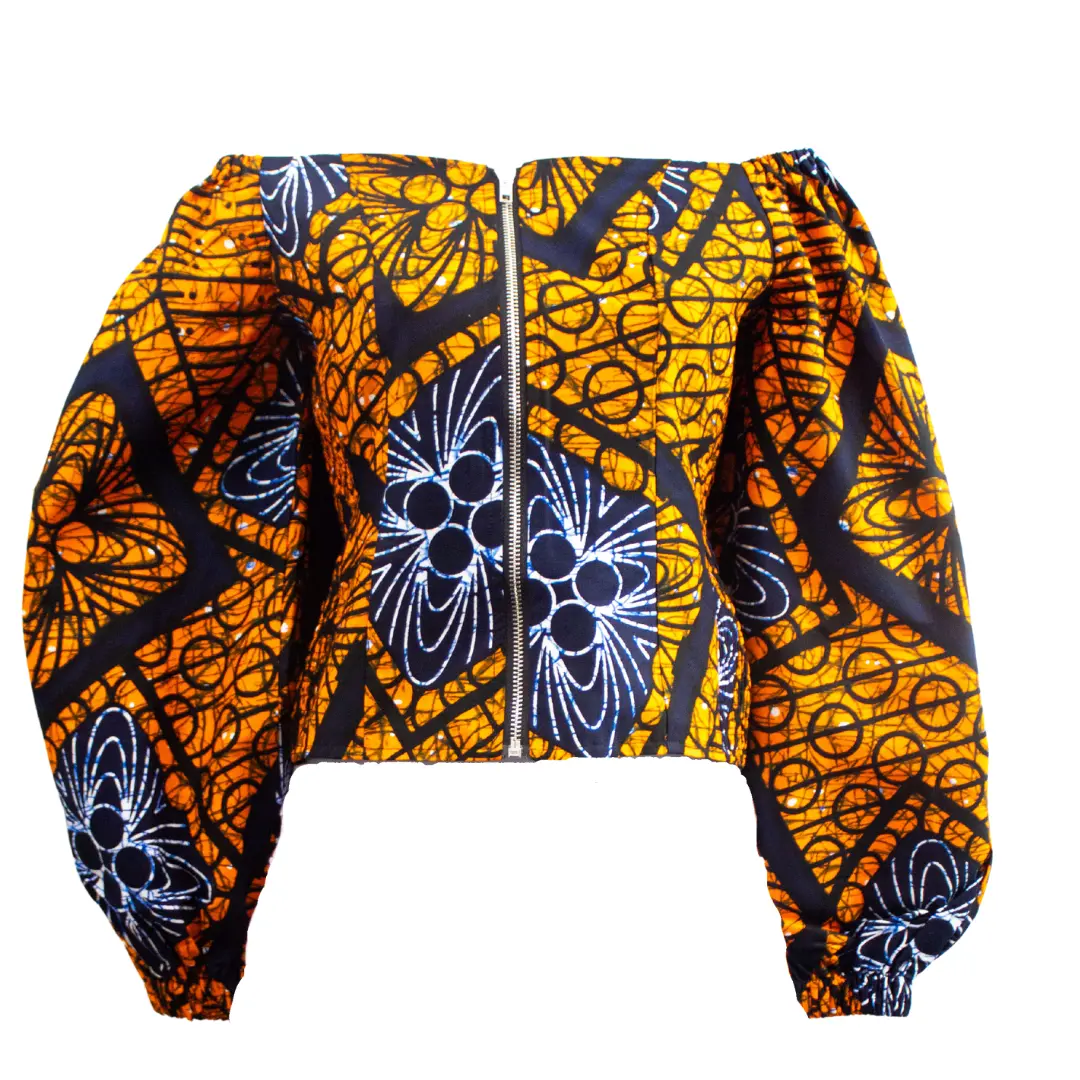 Orange Ankara Off-the-shoulder Puffy Sleeve Top Cotton Casual