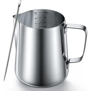 12 Ounces Stainless Steel Milk Frothing Pitcher, Measurements on Both Sides, Espresso Machine Accessories, Latte Art Cup with Insulated Handle, Creamer Pitcher for Single-Serve, No-drip or Spillage