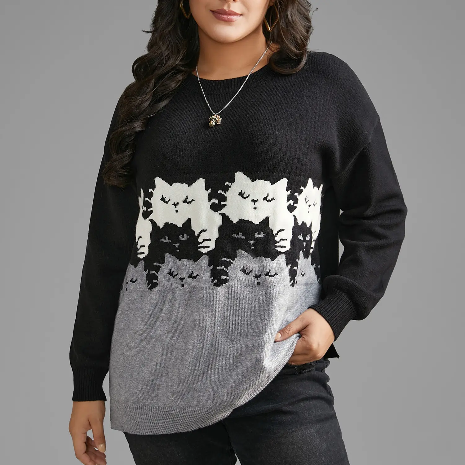 BloomChic Cat Contrast Drop Shoulder Pullover 【M-6XL】