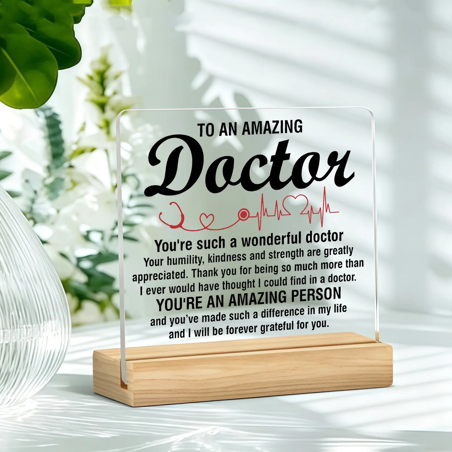 Standard 1-Piece Acrylic Heartbeat Stethoscope Table Plaque, Heart Desktop Decoration Signs, Medical Office Home Decor, Doctor Appreciation Thank You Gift for Thanksgiving
