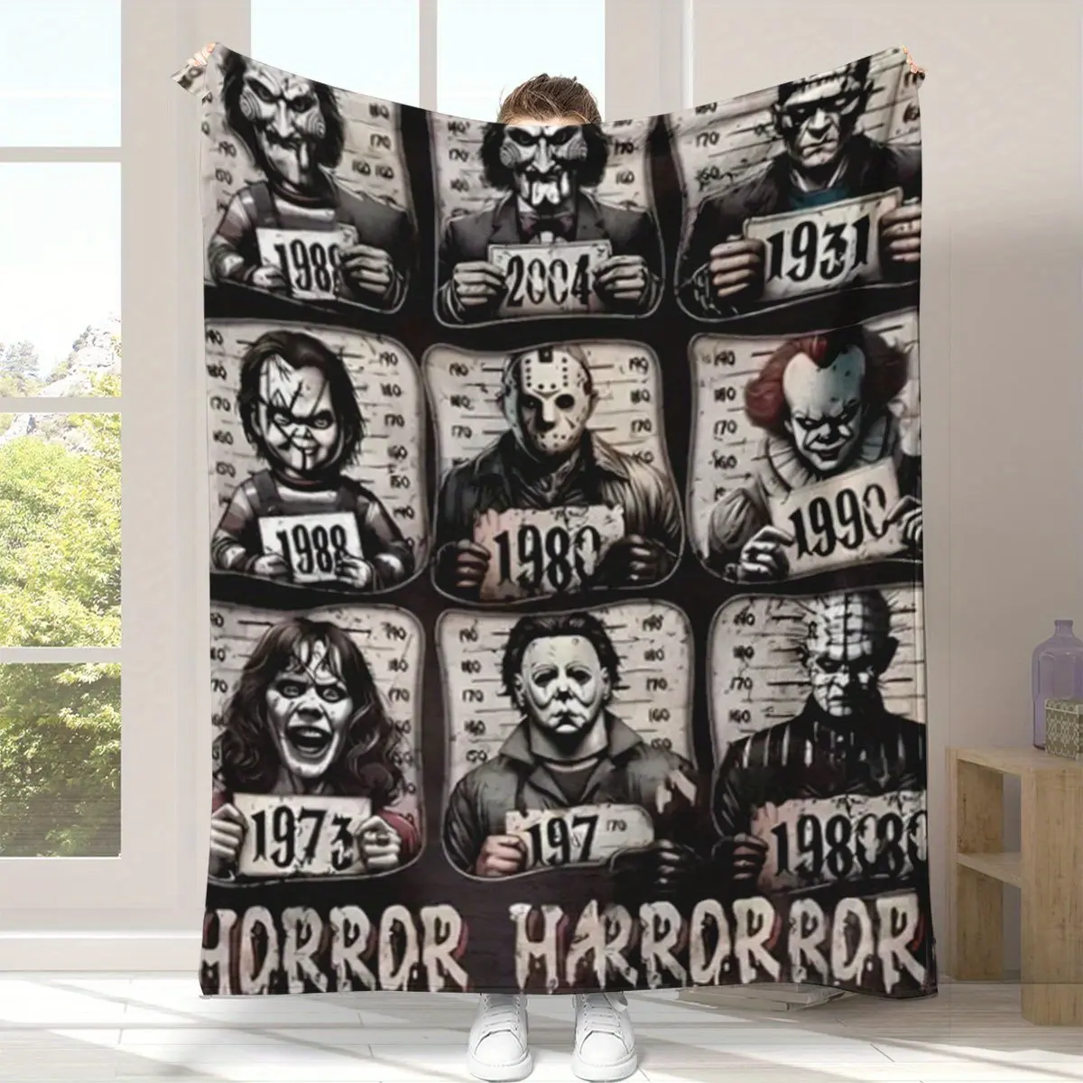 1980s Horror Icon Blanket - Designed by Freddy Krueger, Jason Voorhees, and Pennywise - Soft, Hypoallergenic Flannel Blanket for All Seasons, Suitable for Beds, Sofas, and Camping - Perfect Gift for Horror Fans (Christmas, Birthday, New Year), Halloween E