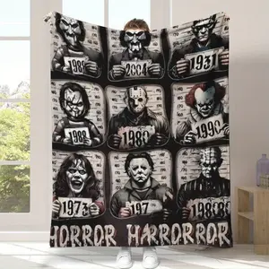 1980s Horror Icon Blanket - Designed by Freddy Krueger, Jason Voorhees, and Pennywise - Soft, Hypoallergenic Flannel Blanket for All Seasons, Suitable for Beds, Sofas, and Camping - Perfect Gift for Horror Fans (Christmas, Birthday, New Year), Halloween E