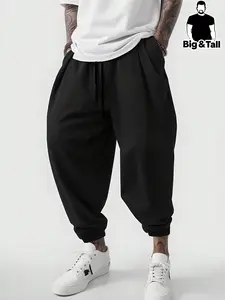 【Plus Size】 Solid Pocket Drawstring Waist Wide Leg Pants, 2024 New Style Casual Comfy Loose Trousers for Daily Wear, Men's Bottoms for All Seasons