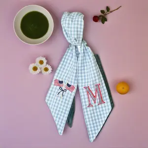 Embroidered Patriotic Wreath Sash Gingham White Red Monogrammed Door Bow 4th of July American Flag Wreath Sash Cotton Decoration