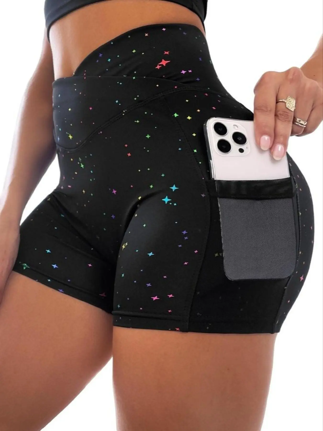 Women's Breathable Gym Shorts with Phone Pocket, Stretchy Star Print Fitness Pants, Comfortable & Flexible Workout Wear, Breathable Printed Shorts, Tight Fitting Shorts