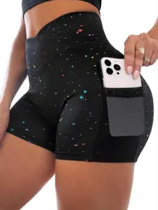 Women's Breathable Gym Shorts with Phone Pocket, Stretchy Star Print Fitness Pants, Comfortable & Flexible Workout Wear, Breathable Printed Shorts