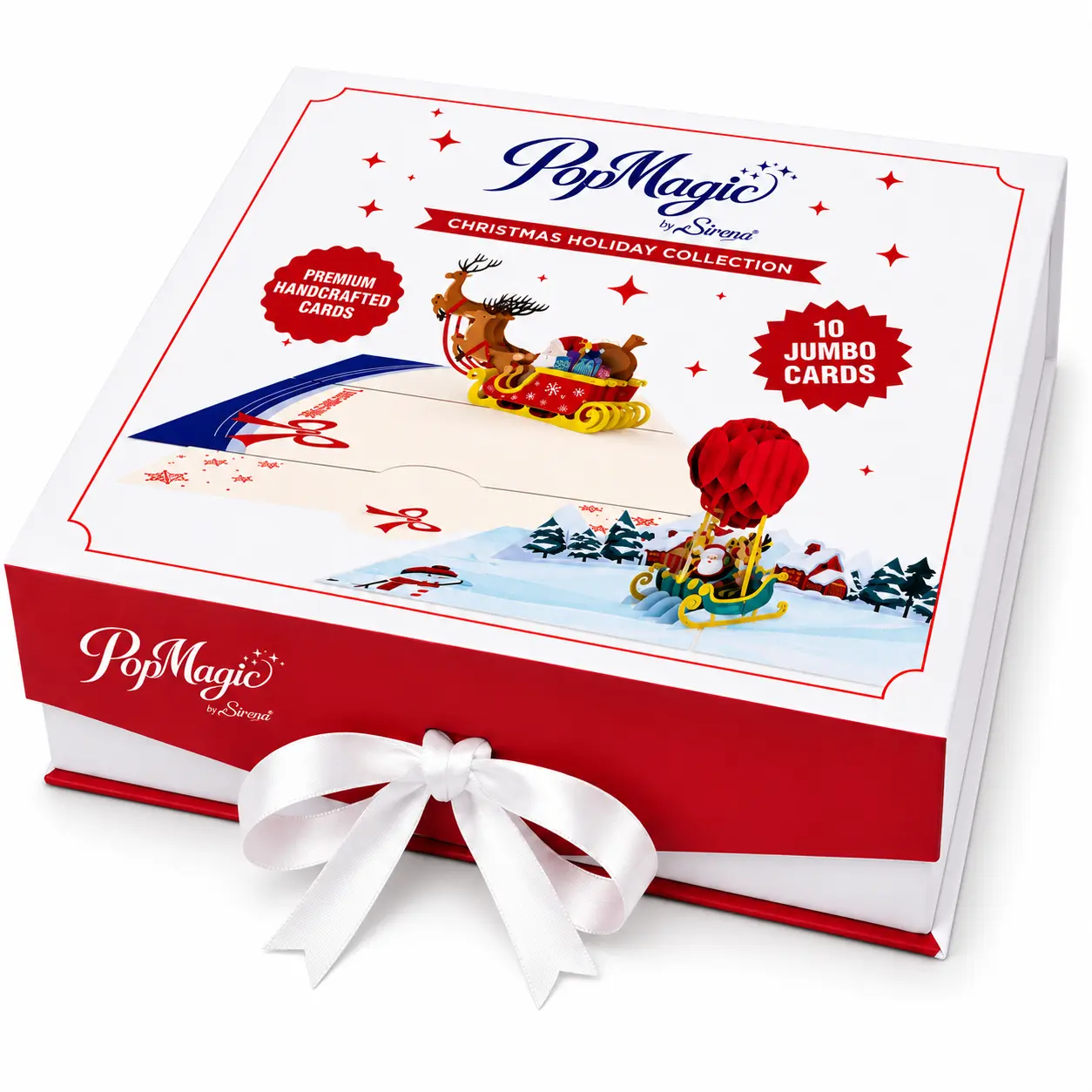 PopMagic 10-Pack Rectangular 3D Popup Christmas Jumbo Greeting Cards Collectors Box - Office Card Stock Holiday Set with Removable Pull-Out Message Slip, Individually Wrapped Envelopes, Ideal Christmas Gifts & Holiday Gifts for Coworkers