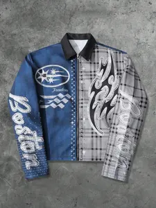 Men's Patchwork Flame Plaid Jacket, Streetwear Trendy Outerwear, Unique Sparkle Design, Ideal for Street Style, Outdoor, Daily Wear