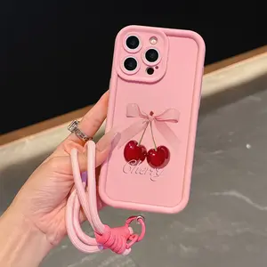Set, 2-piece, pink phone case with hanging rope and bow cherry pattern, suitable for Apple 11/12/13/11/14/16/17/15/PRO/PROMAX/PLUS/Air and other phone models, a good choice for giving to girlfriends, boyfriends and girlfriends, and holiday gifts, Cover