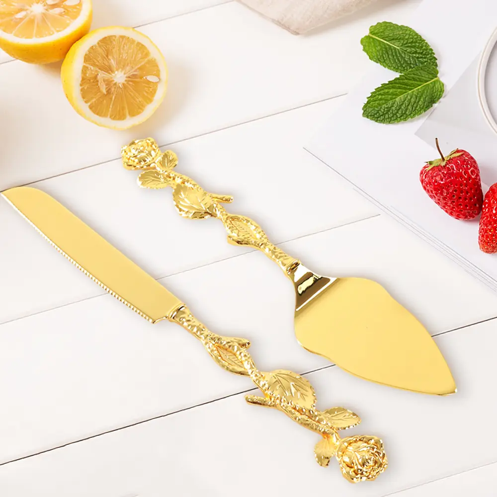 Golden 2-Pcs Kitchenware Cake Server Utensils Set - Rose Motif Handle, Elegant Cutting Tool for Wedding Cakes, Valentine's Day, Birthday Party Formal Events, Bridal Shower