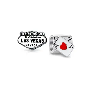 Sterling Silver Welcome To Las Vegas Landmark & Casino Ace Of Hearts Charm Bead for Bracelet (Set)