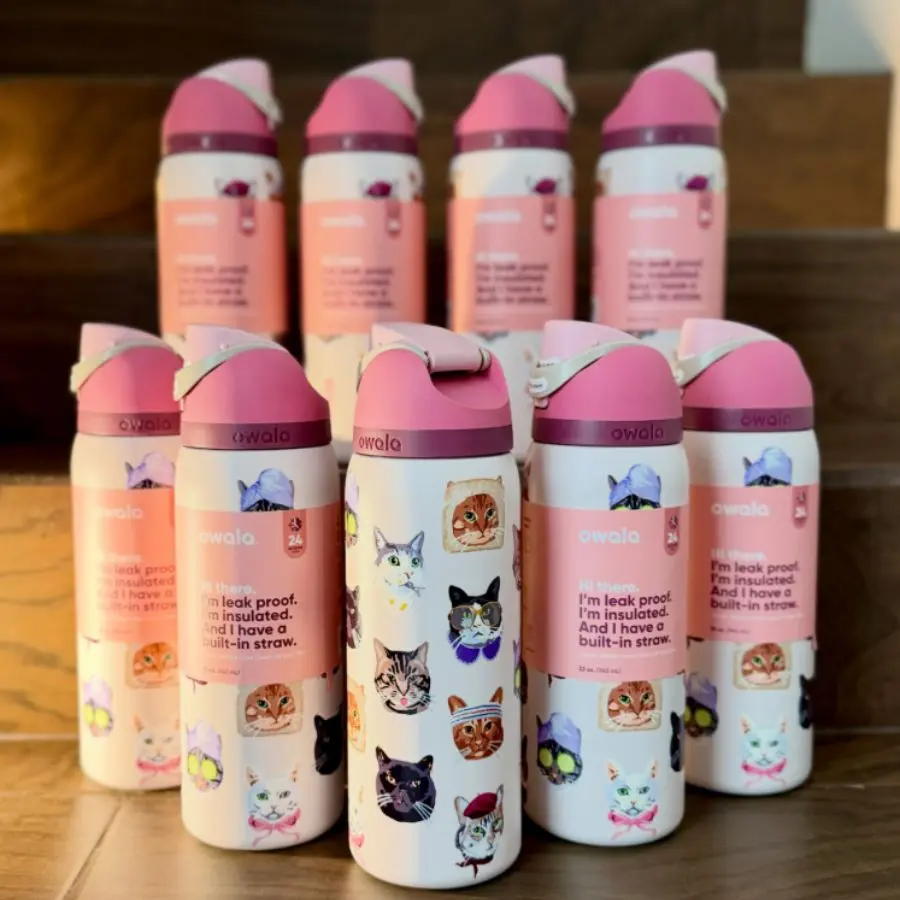 Owala - Cat Collage Stainless Steel Insulated Water Bottle Leakproof Double Wall Vacuum Tumbler Reusable Travel Cup for Office Outdoor