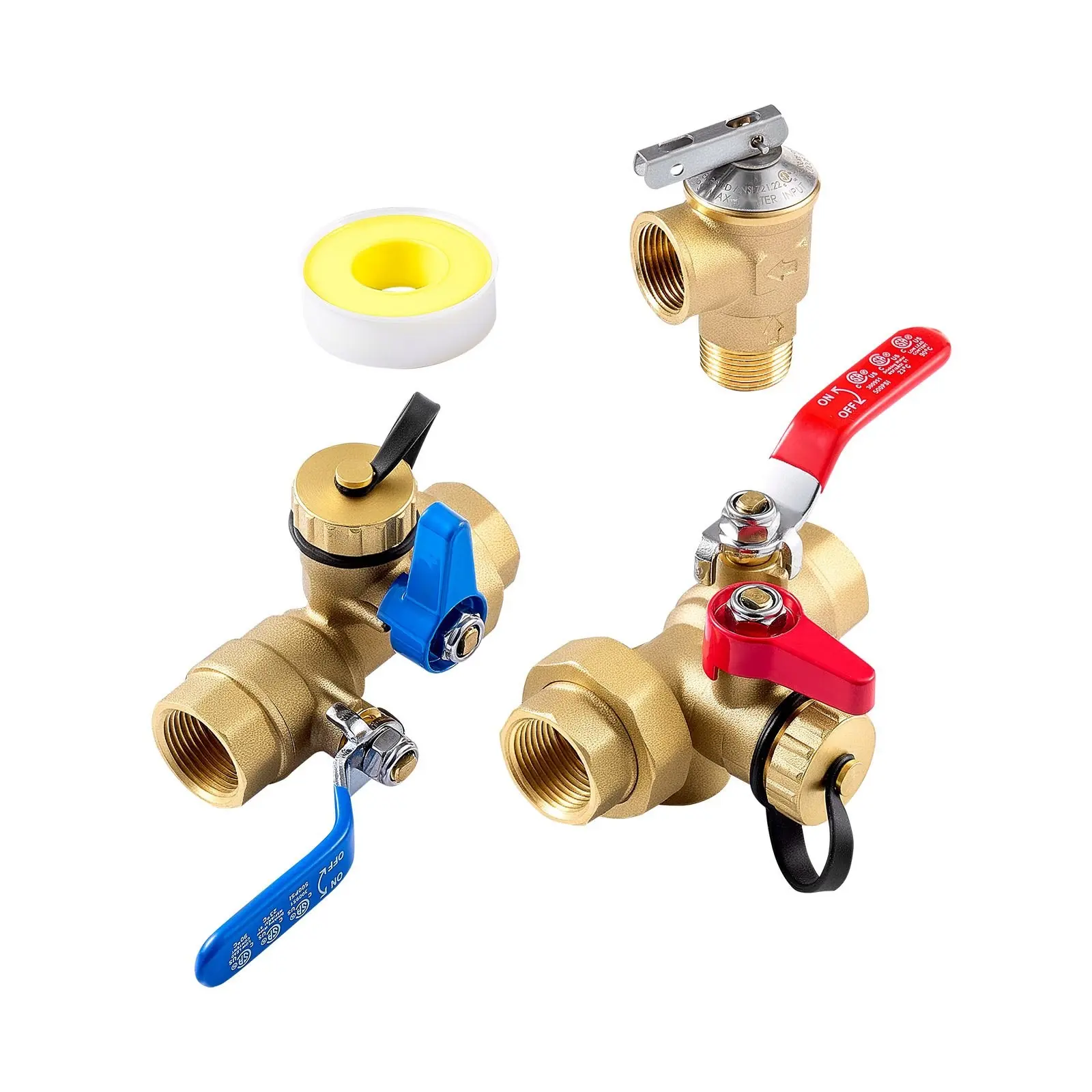 Water Heater Kit For Tankless Systems, 3/4 Inch Service Valve Set With Two 3/4 NPT Isolation Valves, Pressure Relief Valve, Lead-Free Brass, Compatible With Most Tankless Water Heaters, Plumbing Replacement Parts