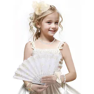 Girls Fascinator Tea Hat - Tea Set for 1920s Costume, Off White Church Top Hats with Pearl Necklace Earring Hand Fan and Lace Gloves Set