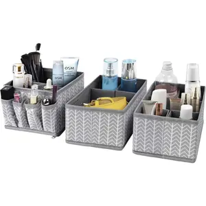 Cosmetic Storage Bins Makeup Organizer, Adjustable Multifunction Storage Box Desk Drawer Divider for Makeup Brushes, Bathroom Countertop or Dresser, Set of 3 (Grey)