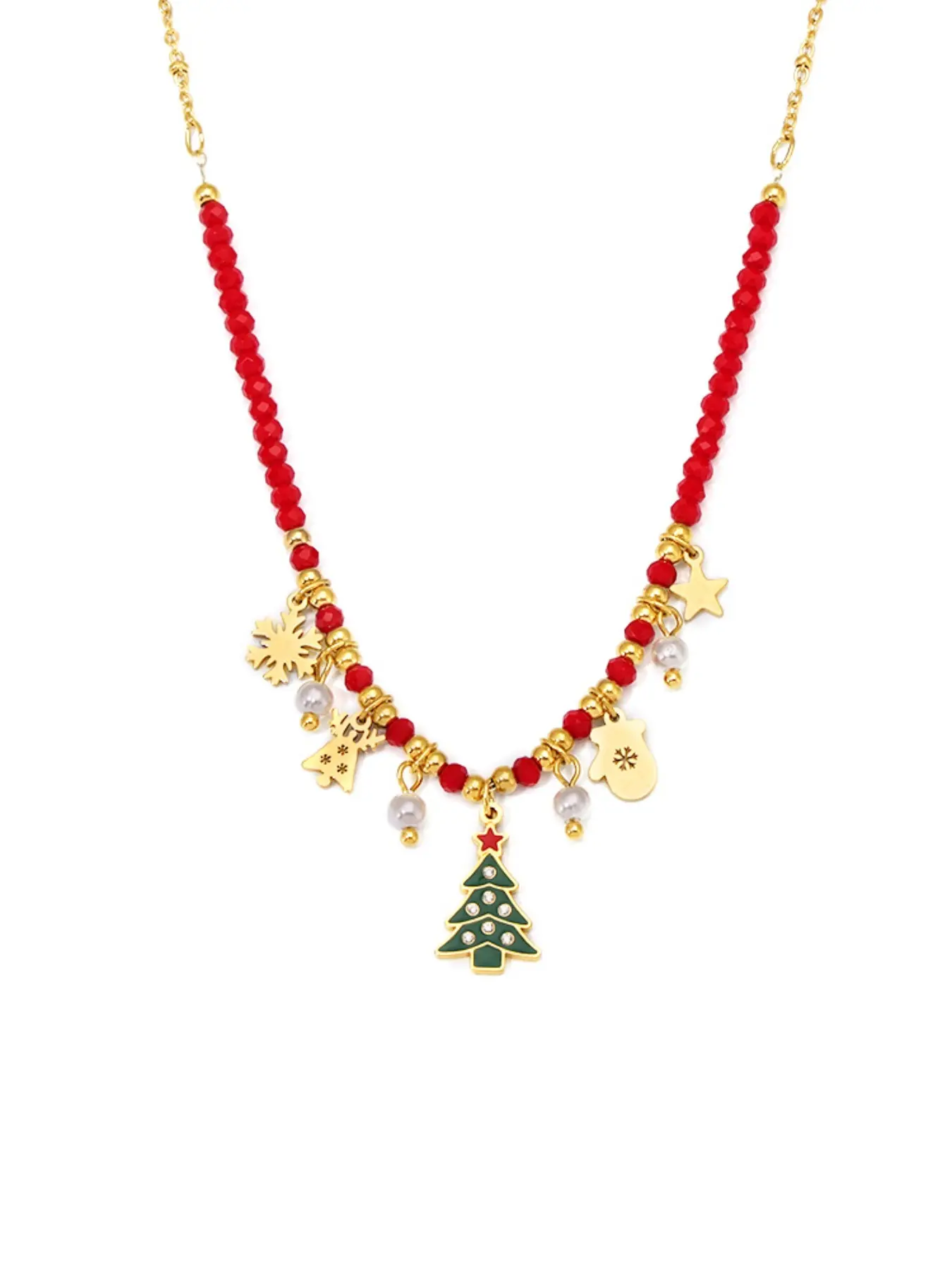 Elegant Enamel Christmas Tree Zircon Pendant Necklace, Stainless Steel Jewelry Gift, European Luxury Style, Perfect Holiday Present