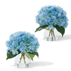 Garvee 2-Pack Real Touch Artificial Hydrangea Flowers in Vase with Wood Bead String, Lifelike Faux Hydrangea Bouquet for Home Table Centerpieces, Bathroom & Office Decor，blue