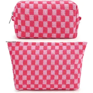 2 Pcs Checkered Makeup Bag Large Cosmetic Bag Toiletry Bag Makeup Pouch Travel Bag Organizer Cute Makeup Brushes Aesthetic Accessories Storage Bag for Women Royal Blue