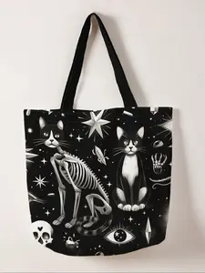 Skull Cat Print Casual Bag, Fashionable Shopping & Storage Bag, Perfect for Travel & Business Trips, All-Season Use