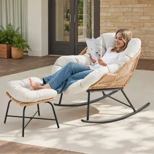 【DealsforYouDays】ONBRILL Papasan Rocking Chair with Ottoman,Oversized Papasan Chair with Padded Cushion, Indoor & Outdoor Rocker Chair for Living Room, Patio, Garden