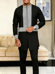 Men's Muslim Kaftan Set, Round Neck Long Sleeve Plaid Patchwork Design, Casual African Men's Clothing, Wedding Party Business Gift, Thobe Combo