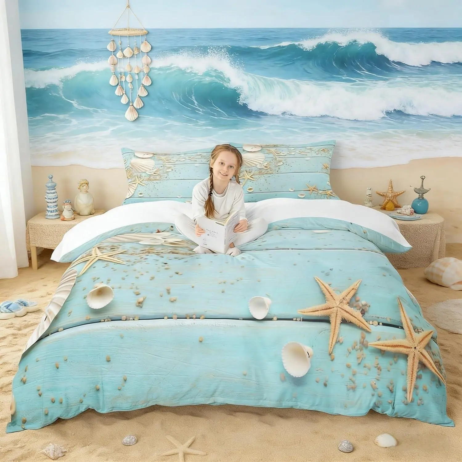 Seashell Starfish Duvet Cover Set,Wood Stripes Bedding Set for Kids Teens Girls Boys Room Decor,Beach Hawaiian Style Comforter Cover Summer Teal Quilt Cover