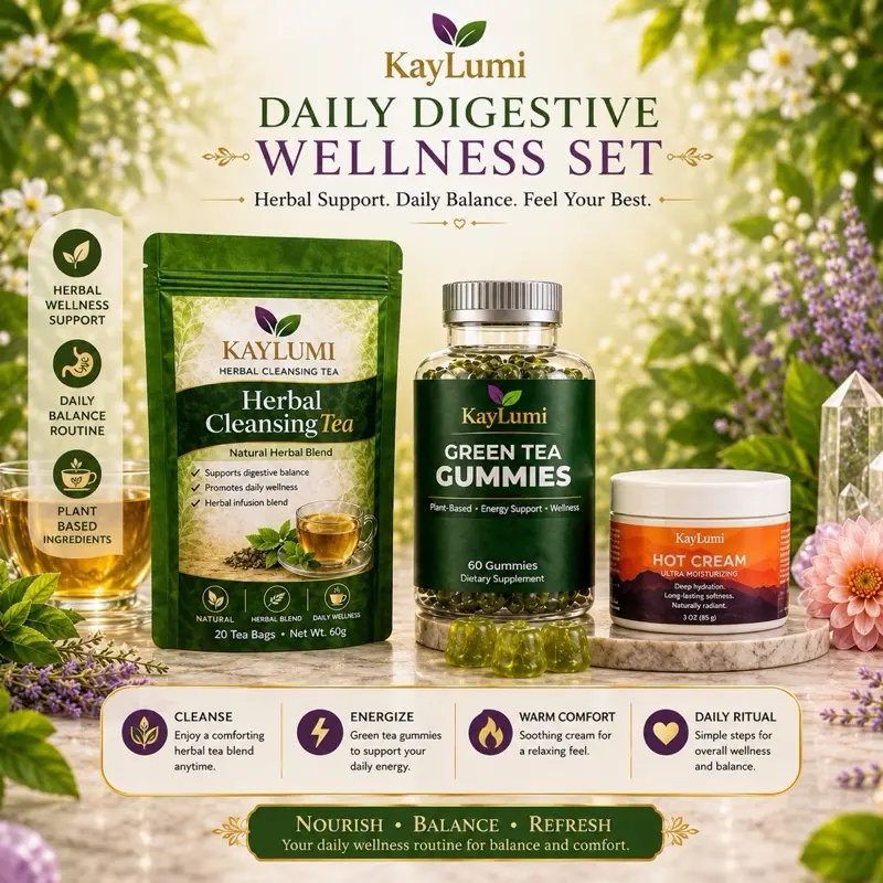 Kaylumi Wellness Support Trio Set Herbal Dietary Supplements for Adults - Natural Herb Blend, Daily Routine, Digestive Health with Herb Tea, Gummies, hot Cream.