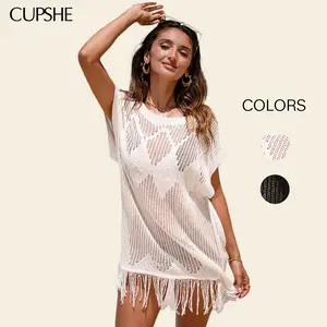 CUPSHE TikTokShopSpringGlowUp Snowy Bay Round Neckline Fringe Hem Beach Cover-Up Knit Mini Short Sleeves Summer Womenswear Dresses Bathing Suits Womensfashion