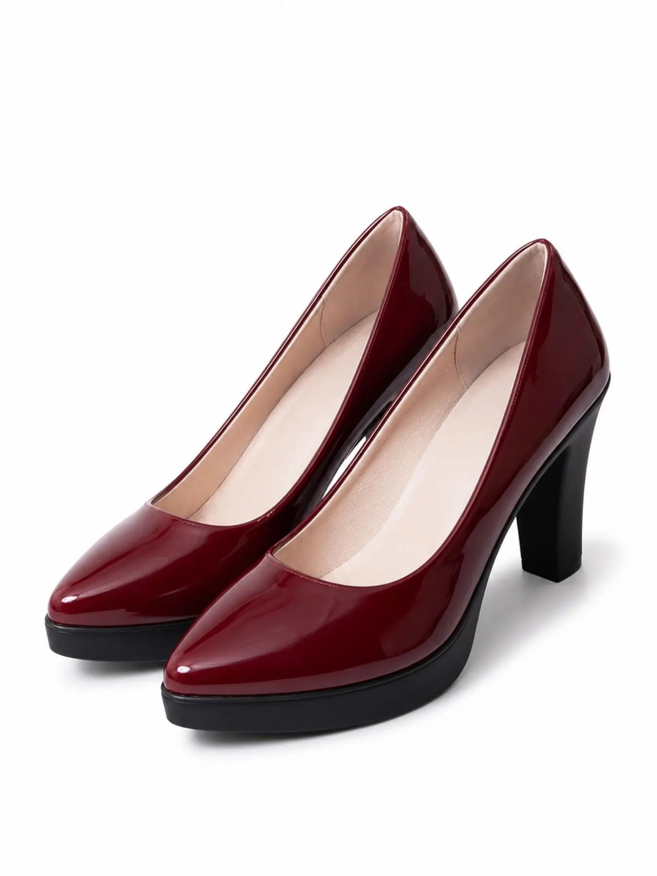 Women's Dark Cherry Patent Leather Platform Pumps | Chunky Block Heel Elegant Office Siren Shoes | Y2K Vintage Heels